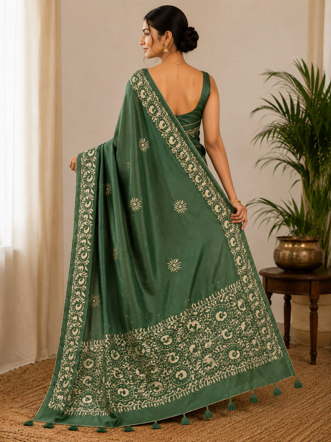 Green Kantha work light sequin saree