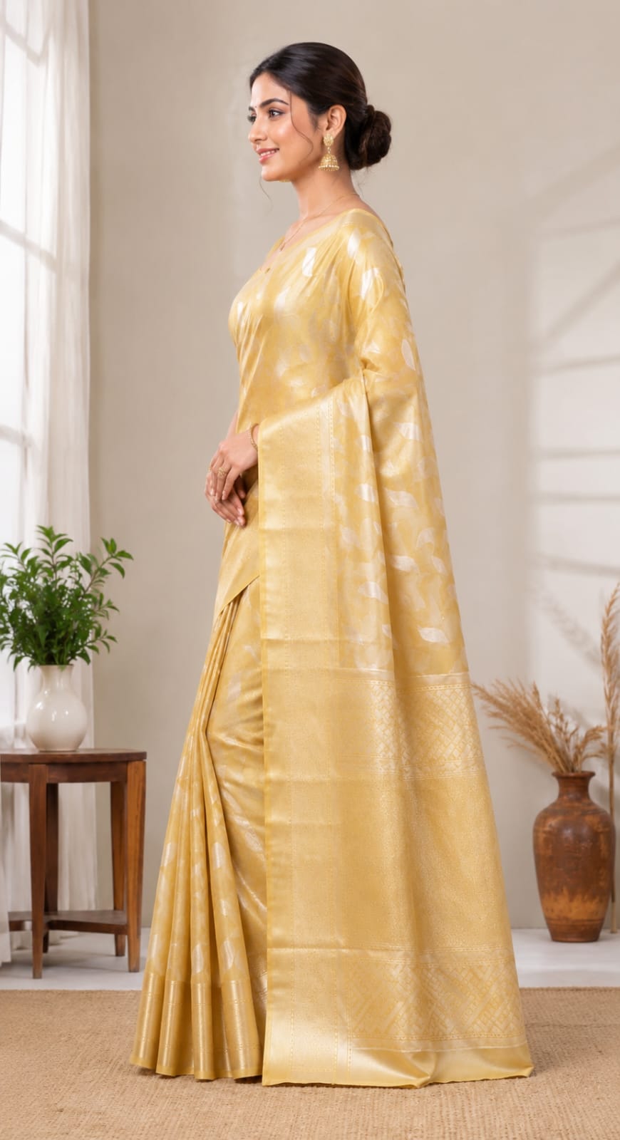 Light Yellow Cotton Soft Silk Saree