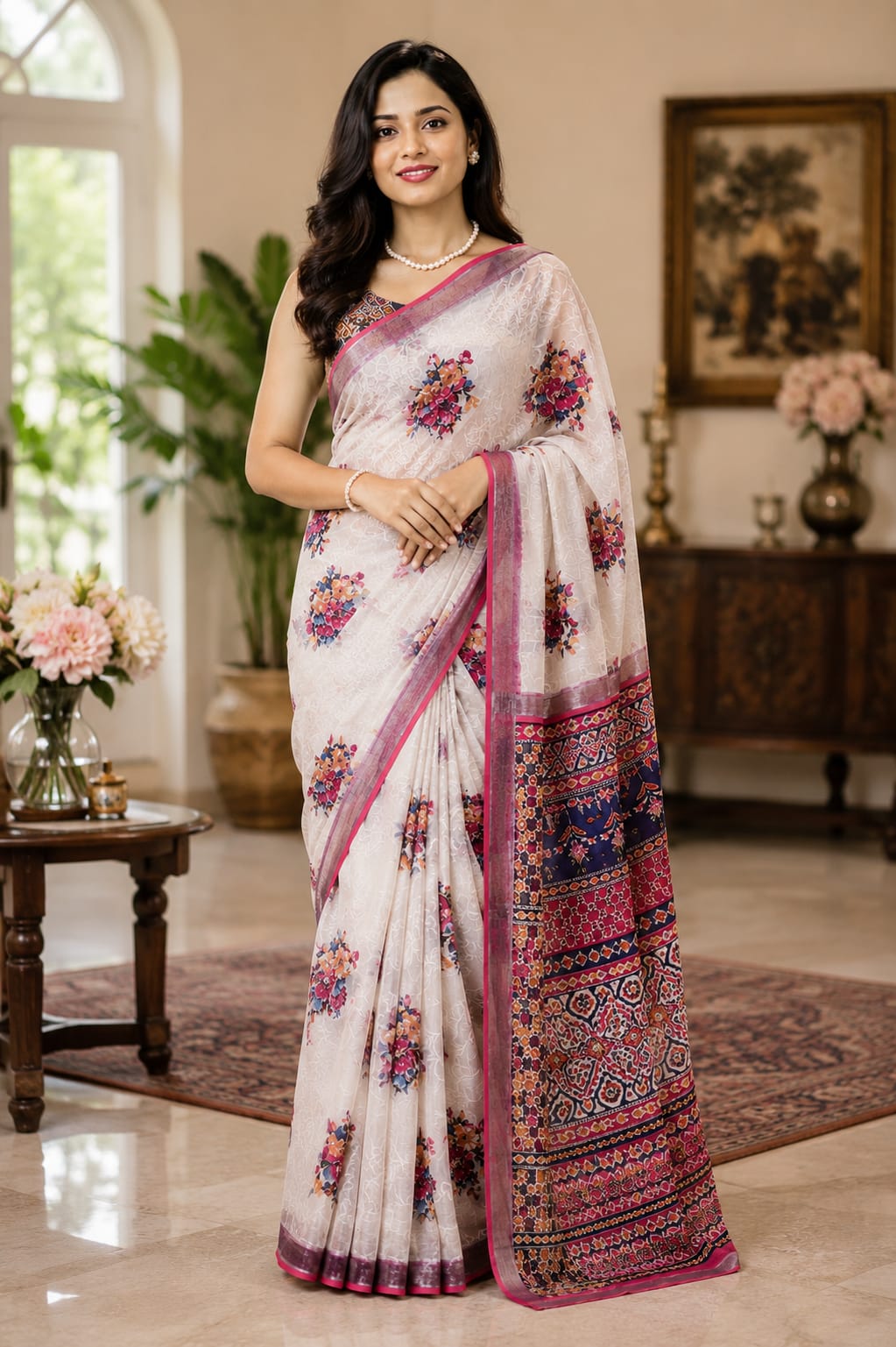 White blossom thread work cotton saree