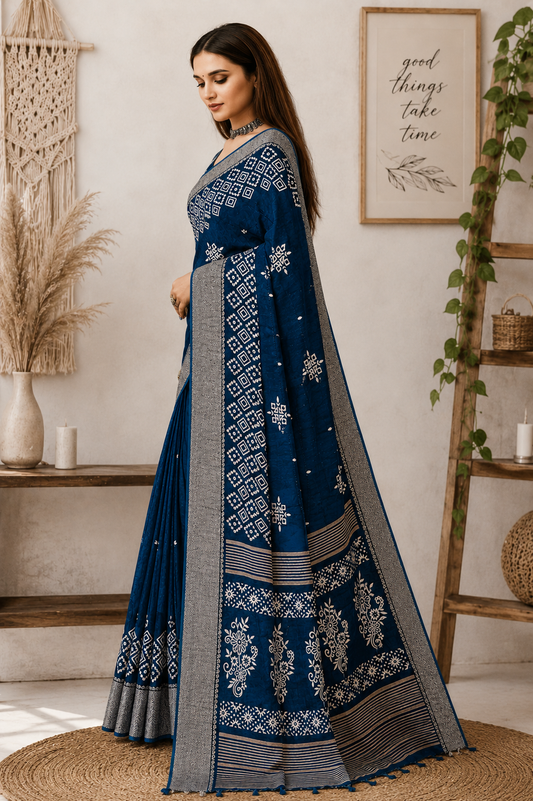 Peacock blue saree with bandhni print zari barder