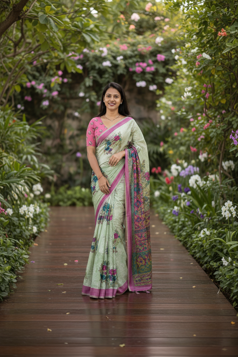 Pista green floral cotton saree