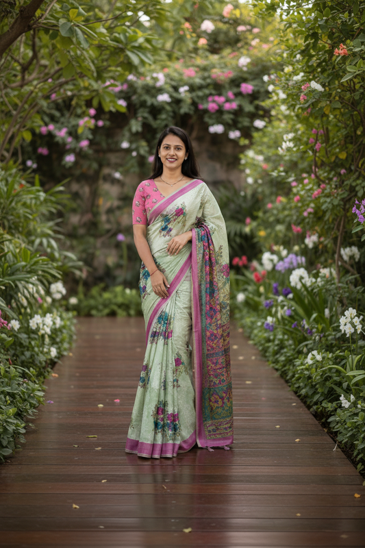 Pista green floral cotton saree