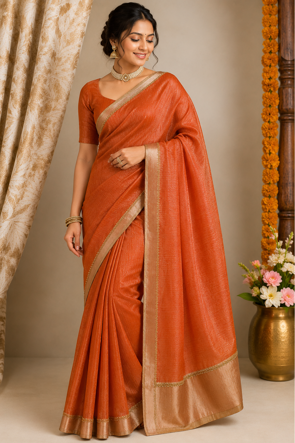 Rusty Orange- Blush Noor Kota Doria Tissue Saree