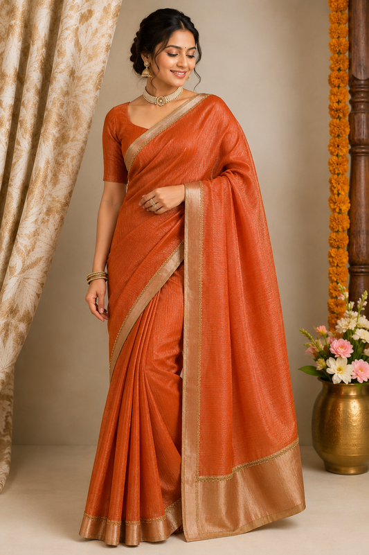 Rusty Orange- Blush Noor Kota Doria Tissue Saree