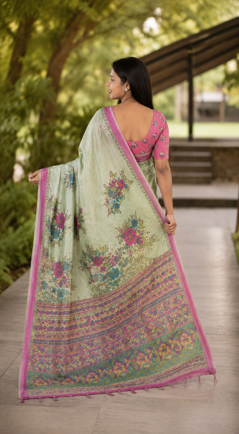 Pista green floral cotton saree