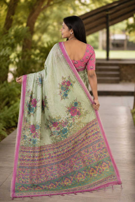 Pista green floral cotton saree