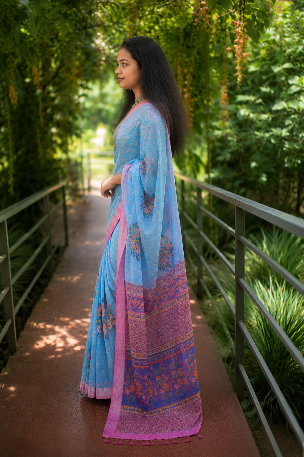 Sky blue floral cotton saree
