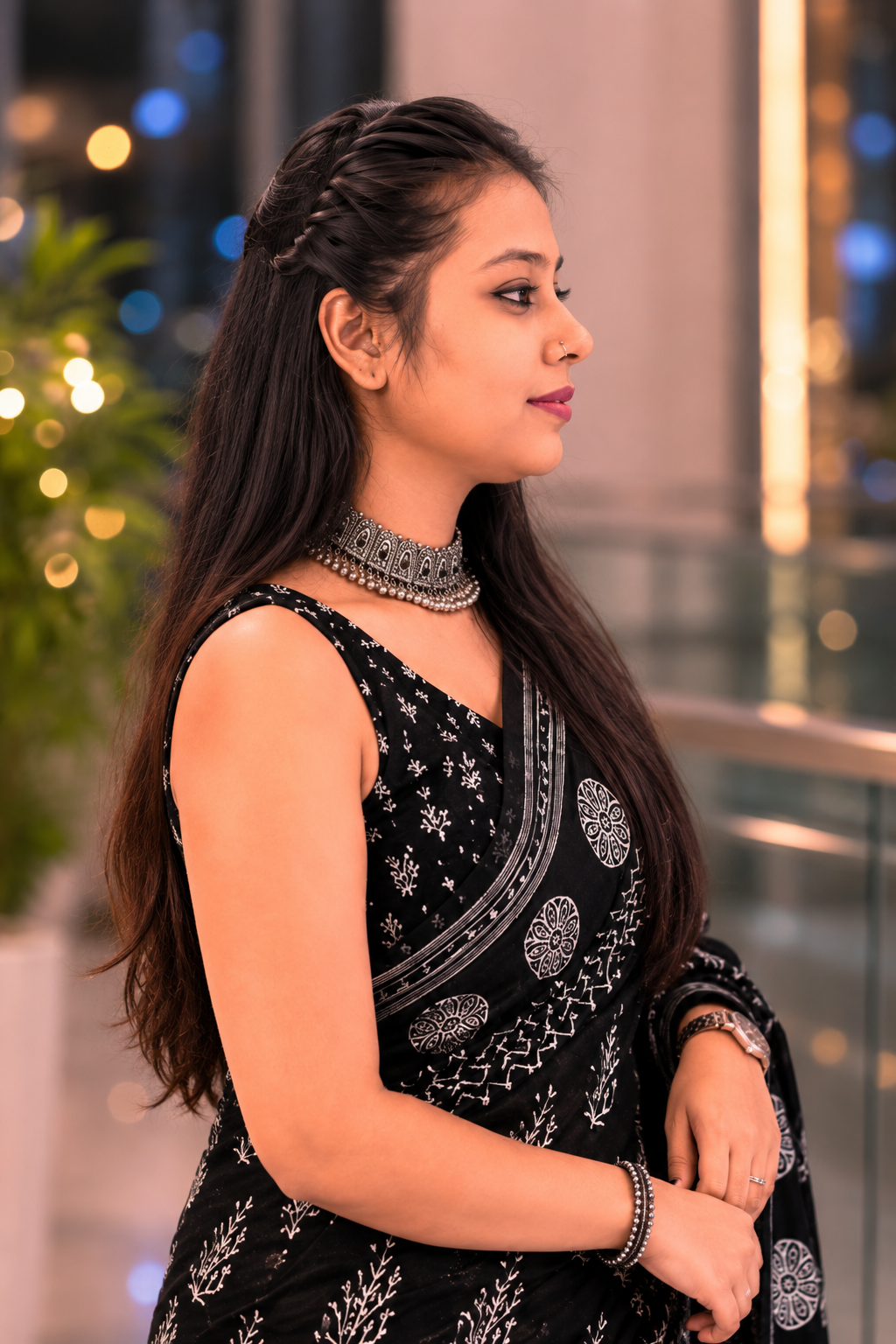 Midnight Noor cotton hand block black Saree with Silver zari border