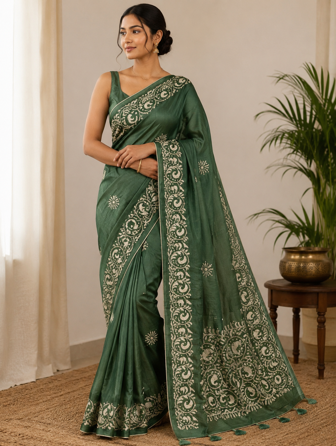 Green Kantha work light sequin saree