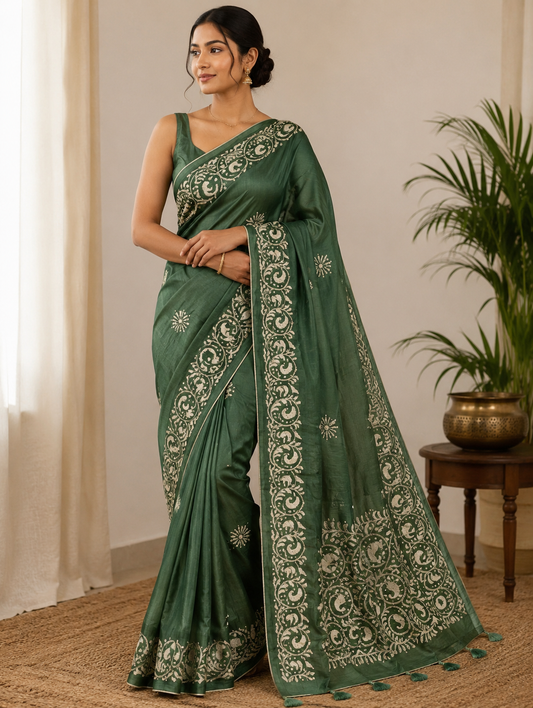 Green Kantha work light sequin saree