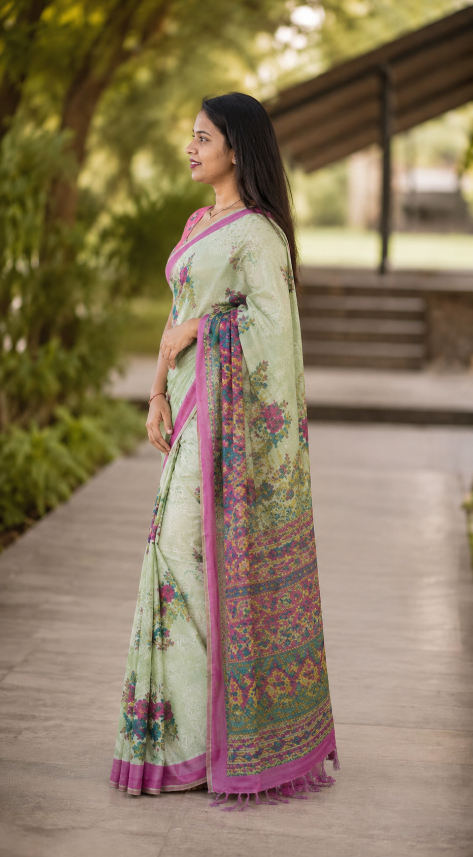 Pista green floral cotton saree