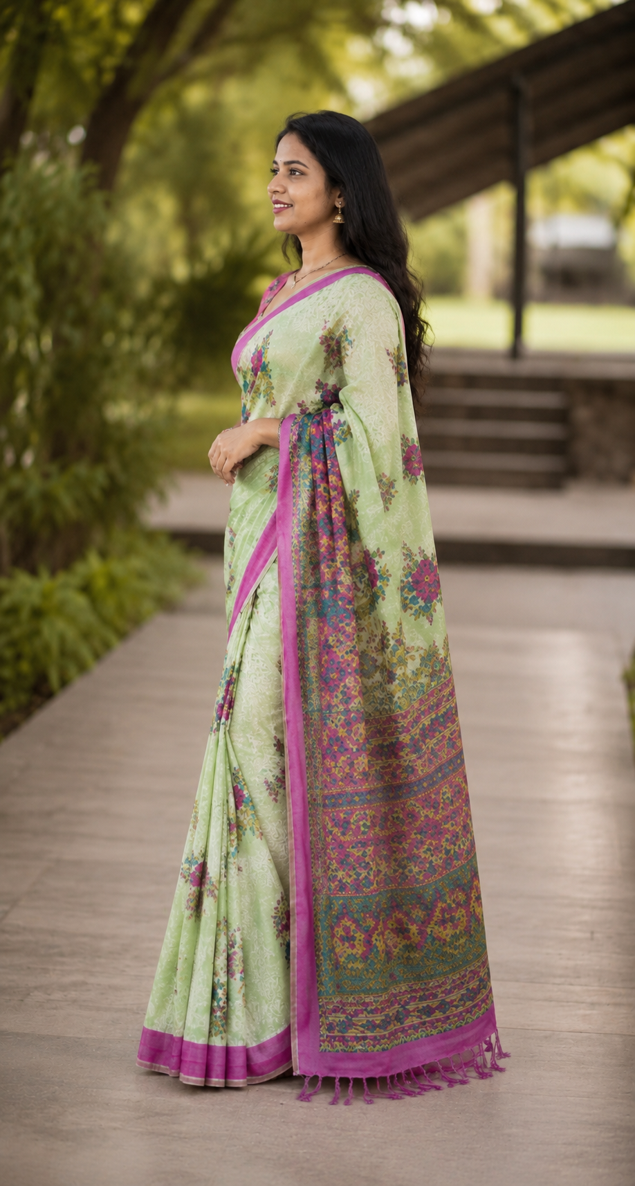 Pista green floral cotton saree