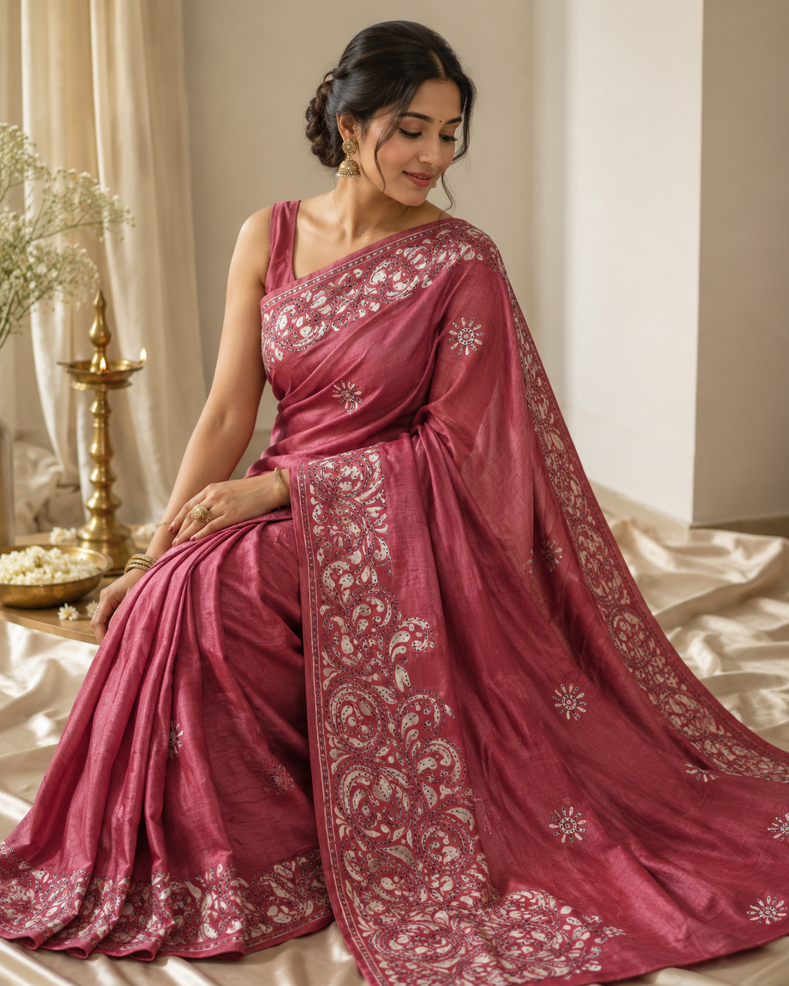 Kantha work light sequin saree