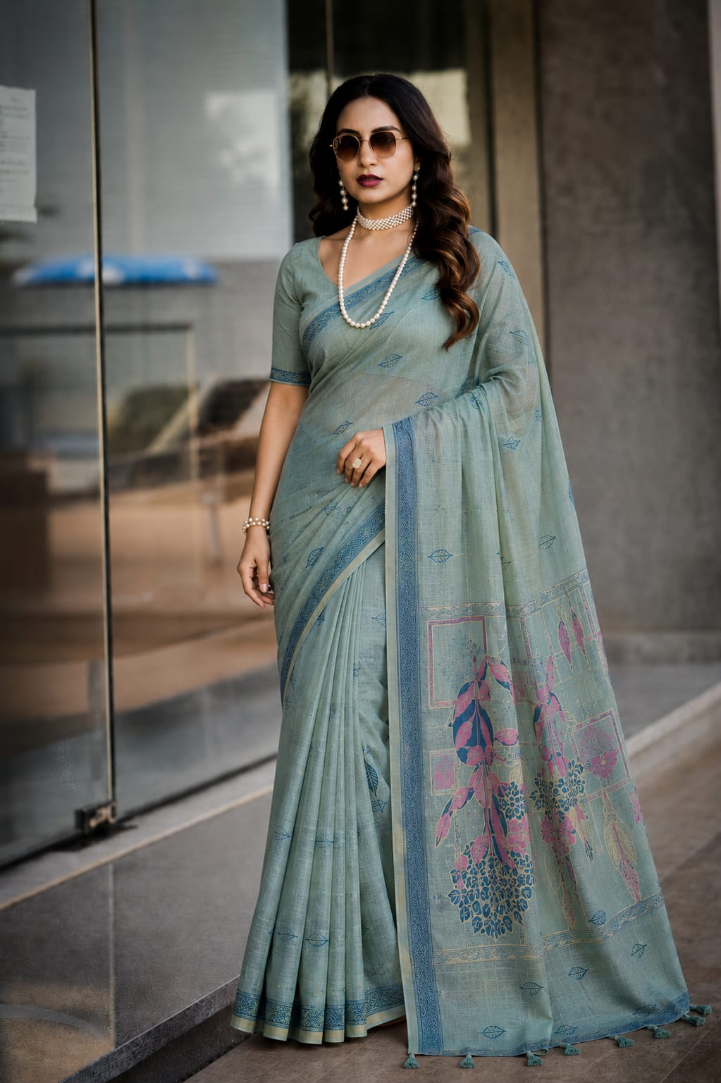 Aqua Sage Floral Cotton Saree