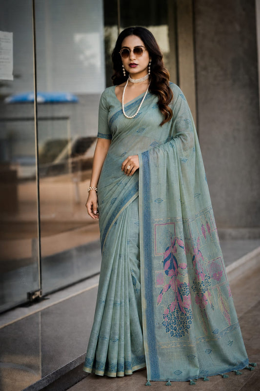 Aqua Sage Floral Cotton Saree