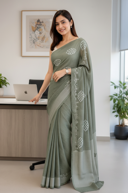 Sage Green Soft Cotton Saree with Elegant Thread Work