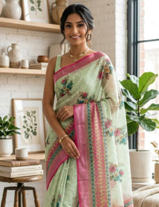 Pista green floral cotton saree