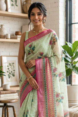 Pistai - Pista green floral cotton saree