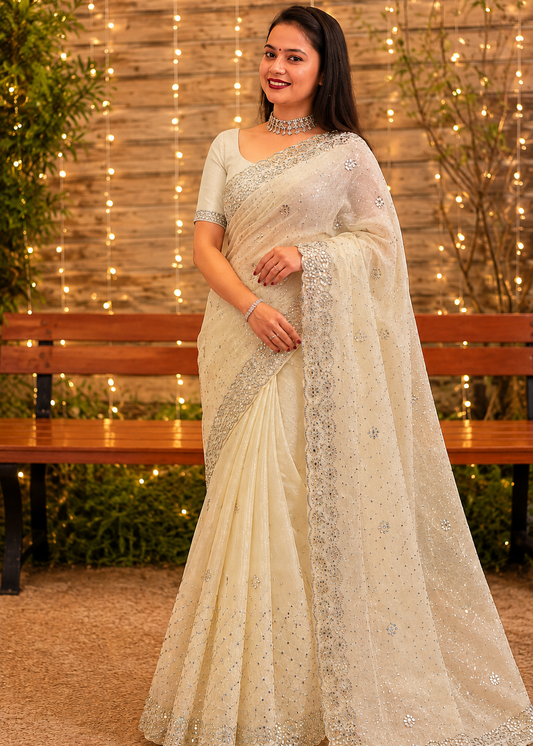 Embellised ivory party wear saree