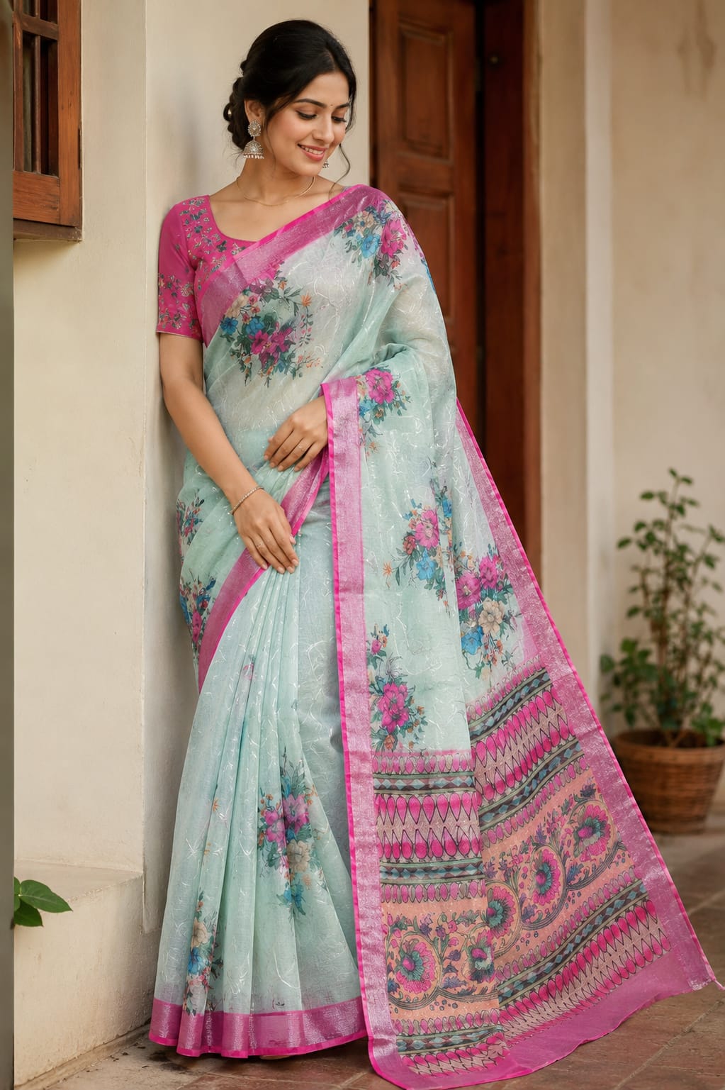 Sky blue floral cotton saree