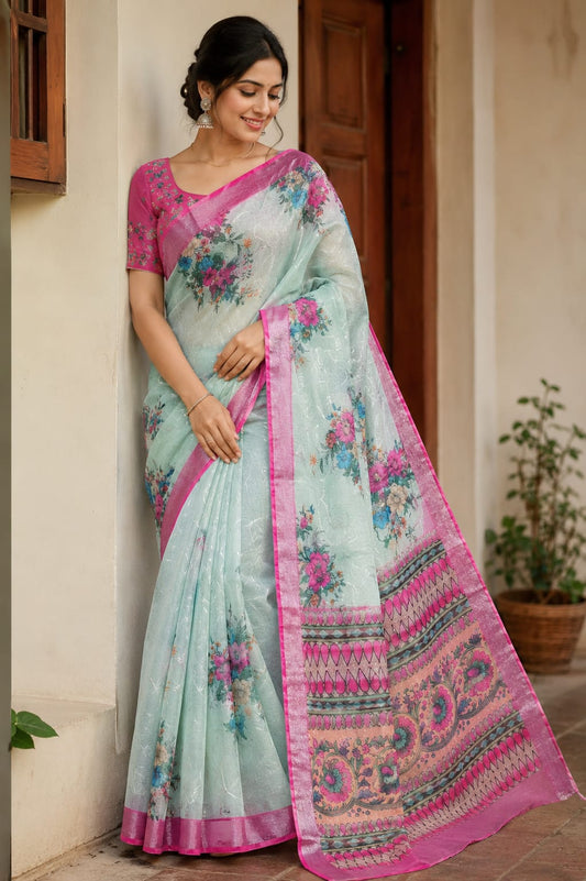 Sky blue floral cotton saree