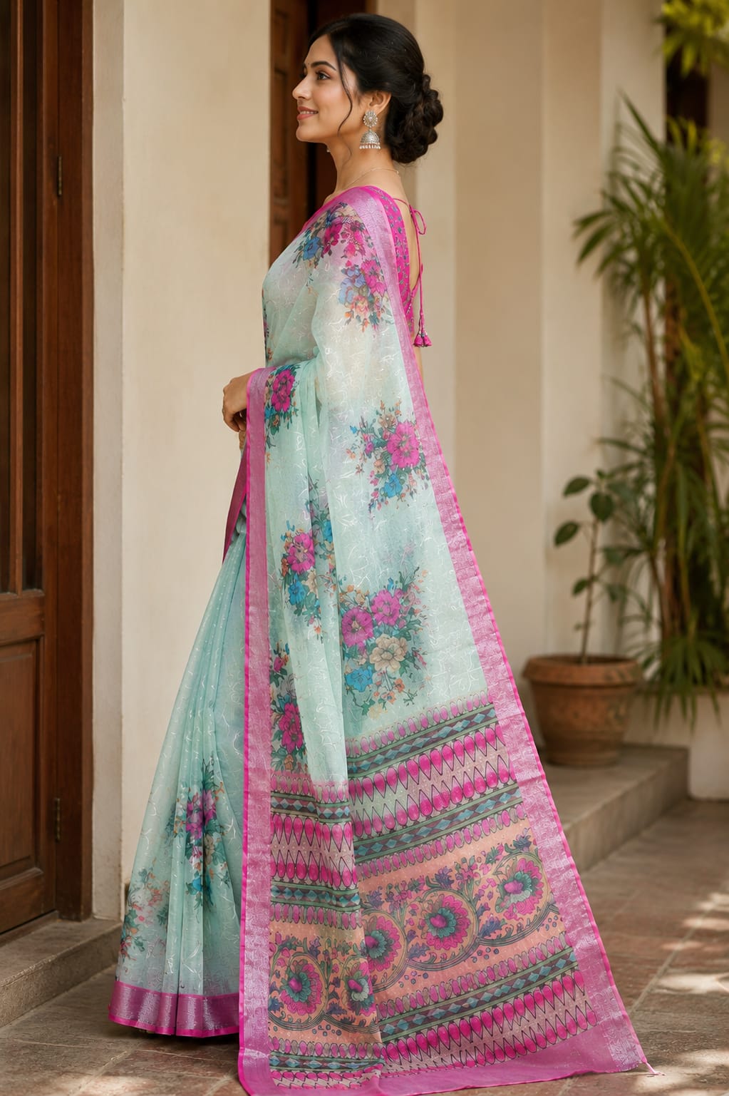Sky blue floral cotton saree