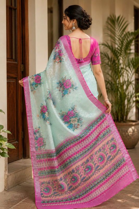 Sky blue floral cotton saree