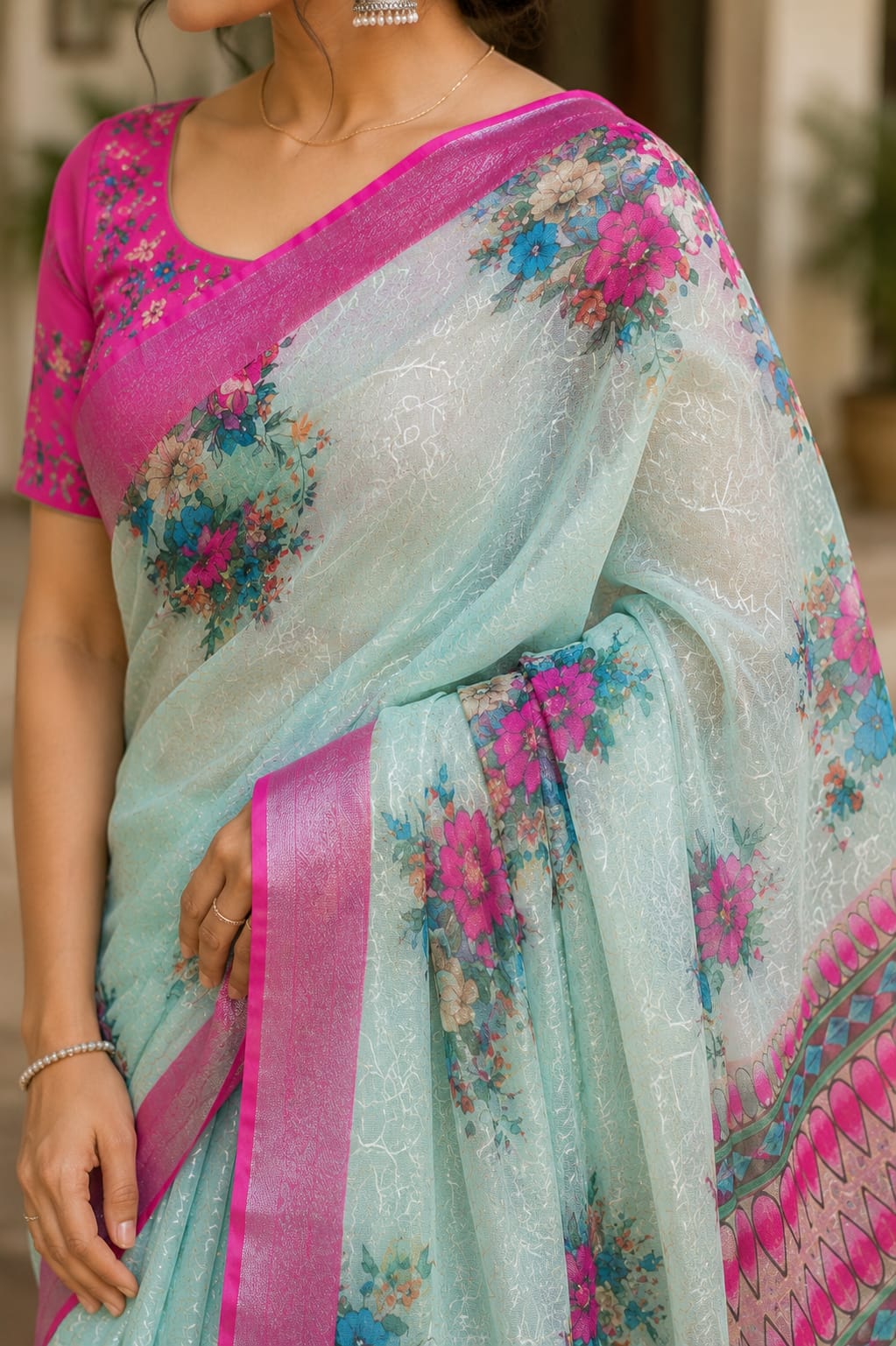 Sky blue floral cotton saree