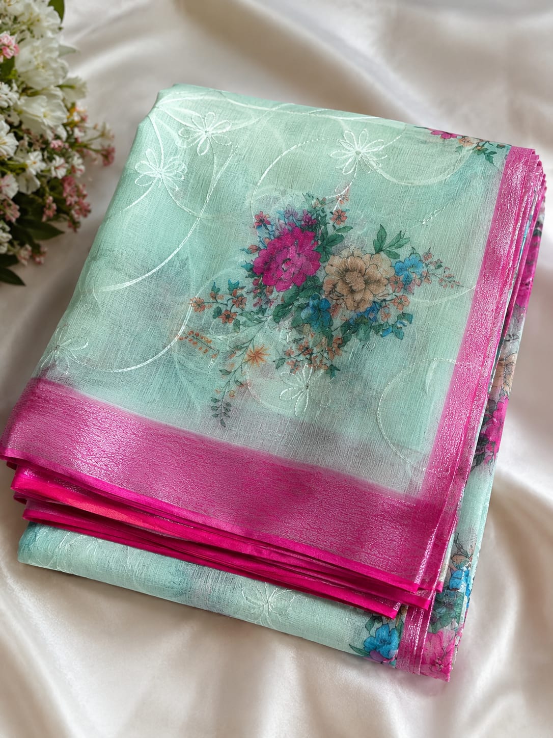 Sky blue floral cotton saree